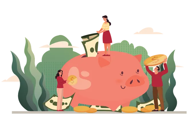 People Saving Money in piggy bank  Illustration