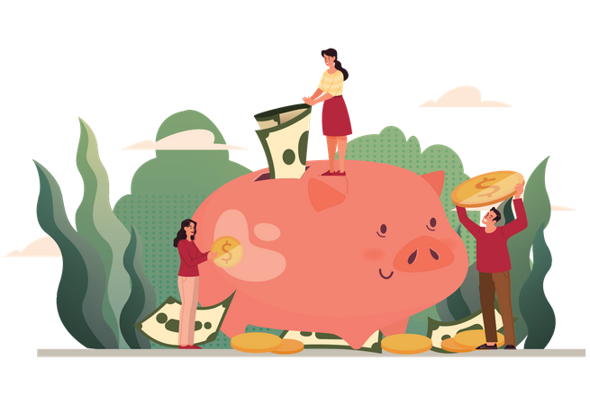 People Saving Money in piggy bank  Illustration