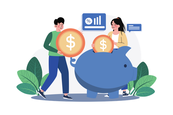 People saving money in the piggy bank  Illustration