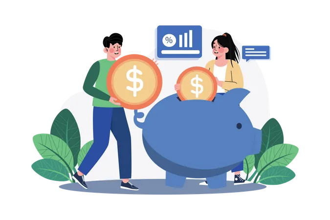 People saving money in the piggy bank  Illustration