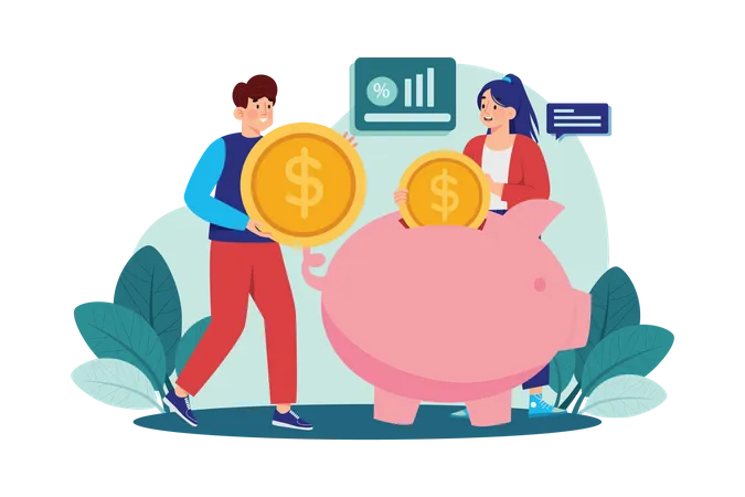 People saving money in the piggy bank  Illustration