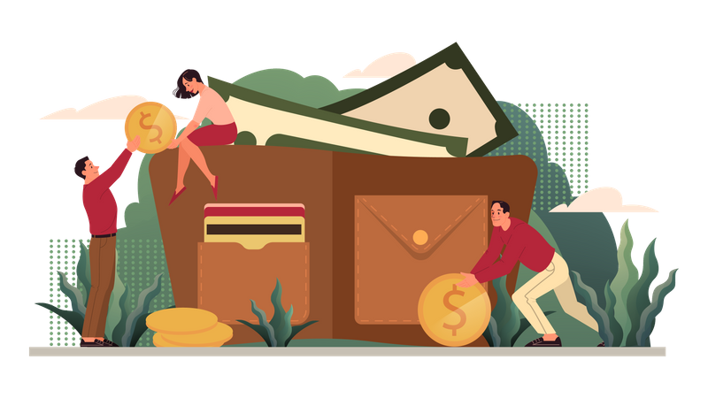 People saving money in wallet  Illustration