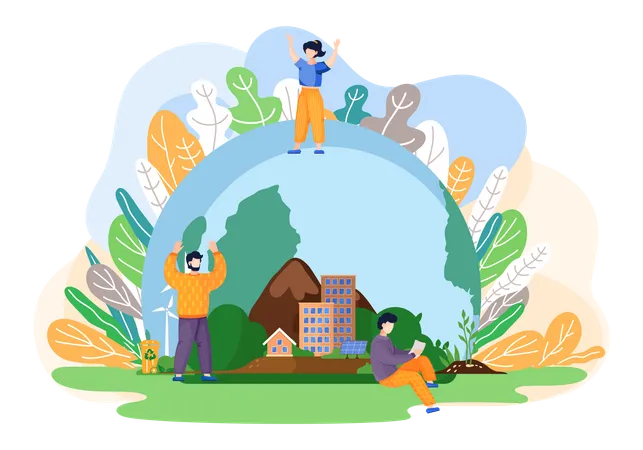 People Walking Near The Globe And Joyfully Raise Their Hands Up Flat Illustration Tiny People Saving World Ecology Big Planet At Background Earth Day Environment Saving And Nature Care Concept イラスト