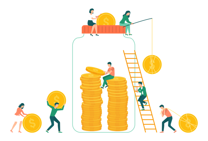 People savings money in money jar  Illustration