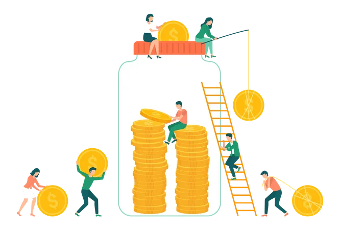 People savings money in money jar  Illustration