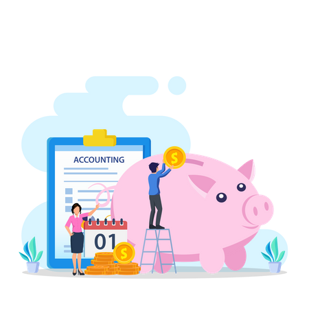 People Savings Money In Piggy Bank  Illustration