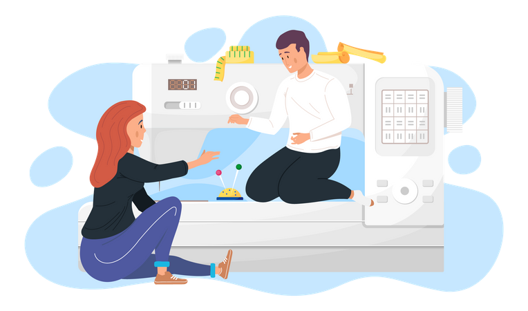 People seamstresses sitting near big sewing machine  Illustration