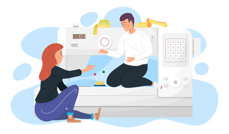 People seamstresses sitting near big sewing machine  Illustration