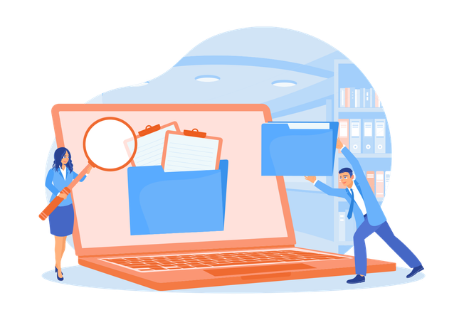 People Search For Documents In Server Rack  Illustration
