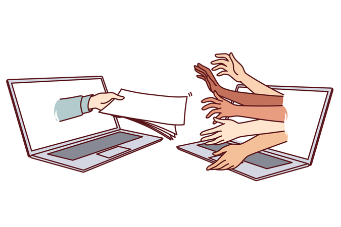 People search job via internet stick hands out of laptop to take questionnaire from HR specialist  イラスト