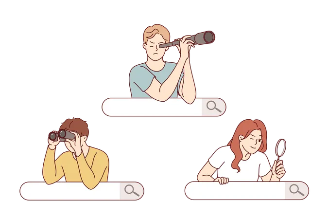 People search on internet using binoculars and magnifying glass while looking out from behind search bar  Illustration