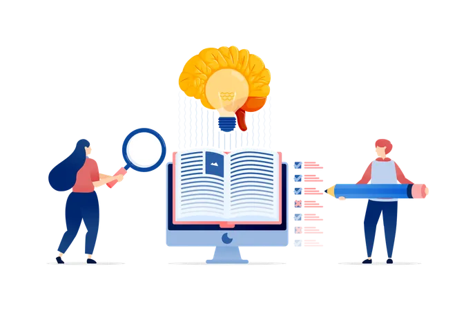 People Searching Books and Completing Surveys to Train AI Brain for Reading  Illustration