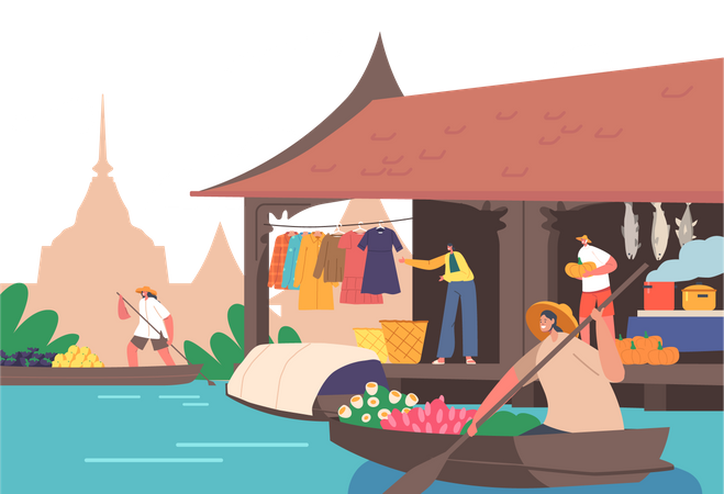 People Sell and Buy Goods on Floating Market in Thailand  Illustration