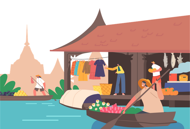 People Sell and Buy Goods on Floating Market in Thailand  일러스트레이션
