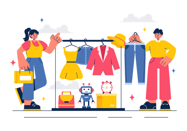 People selling clothes in clothes market  Illustration