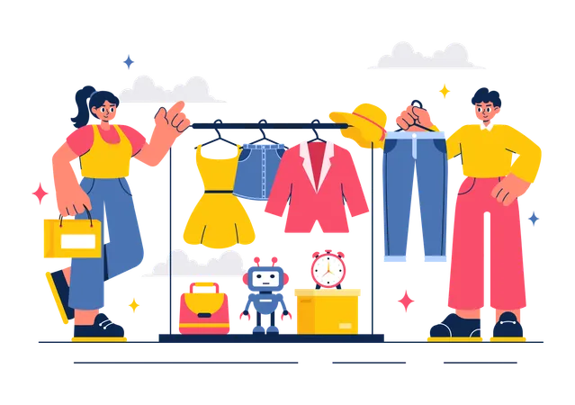 People selling clothes in clothes market  Illustration