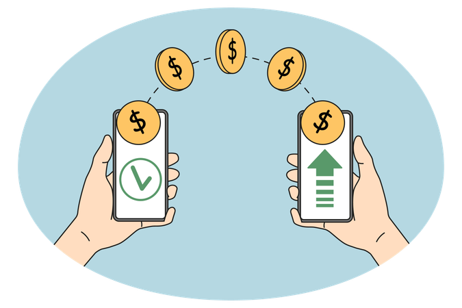 People sending money via wireless mobile transfer  Illustration