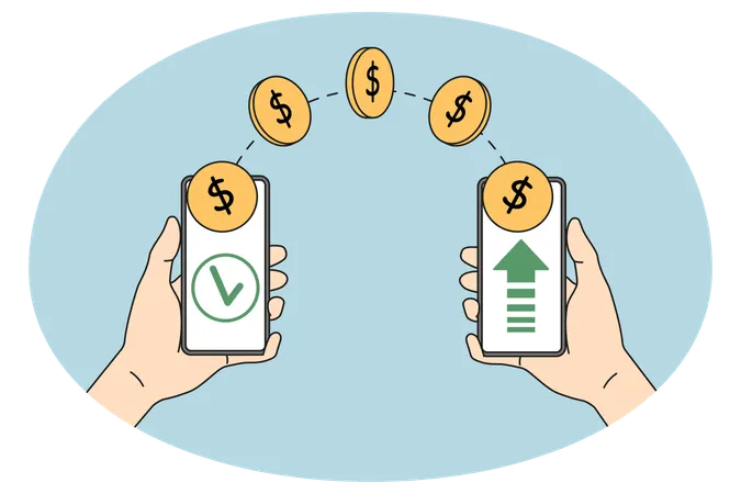 People sending money via wireless mobile transfer  Illustration