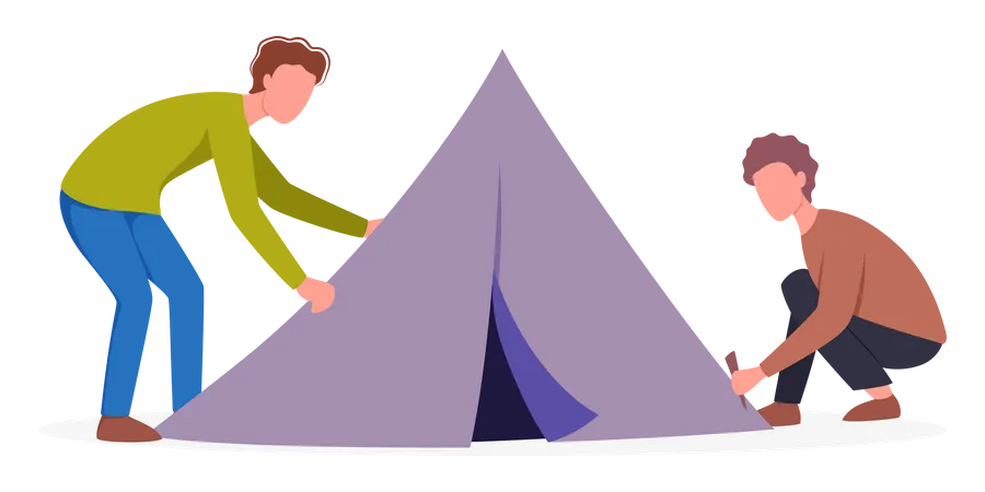 People set up a tent at campsite Illustration