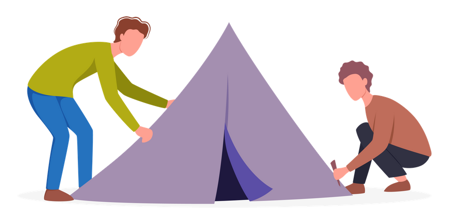 People set up a tent at campsite  Illustration