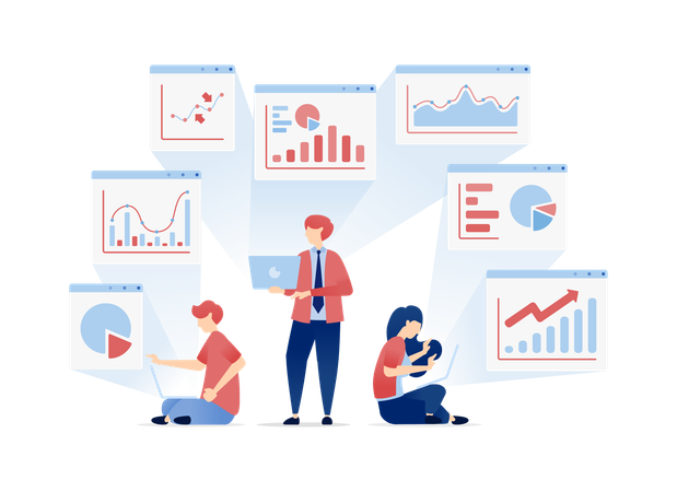 People Share and Review Financial Portfolios Discussing Past Data and Planning for Future Achievements  Illustration