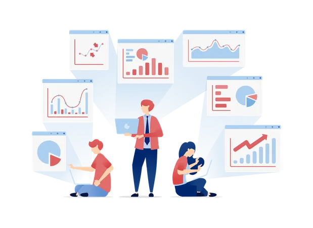 People Share and Review Financial Portfolios Discussing Past Data and Planning for Future Achievements  Illustration