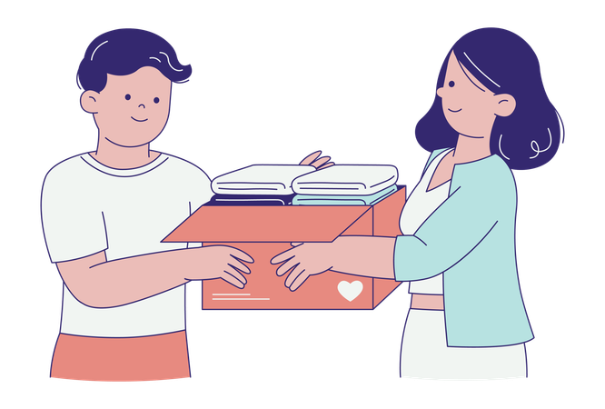 People Sharing Box of Clothes  Illustration