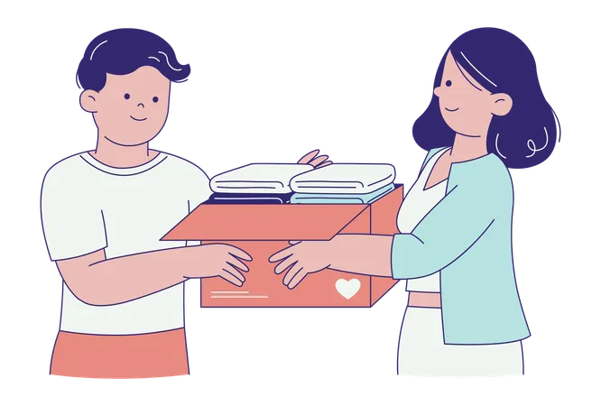 People Sharing Box of Clothes  Illustration