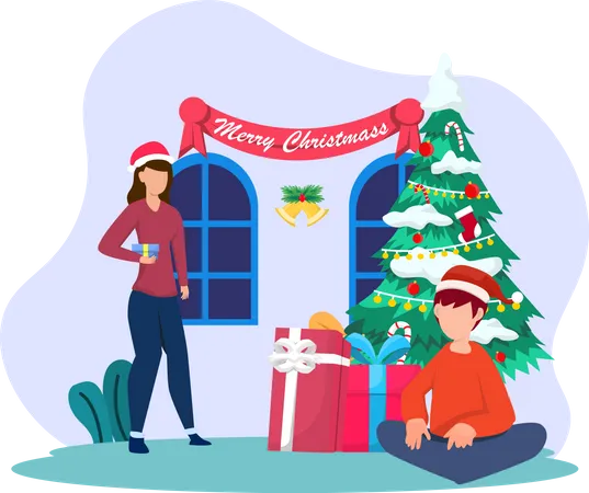 People sharing gifts on christmas  Illustration