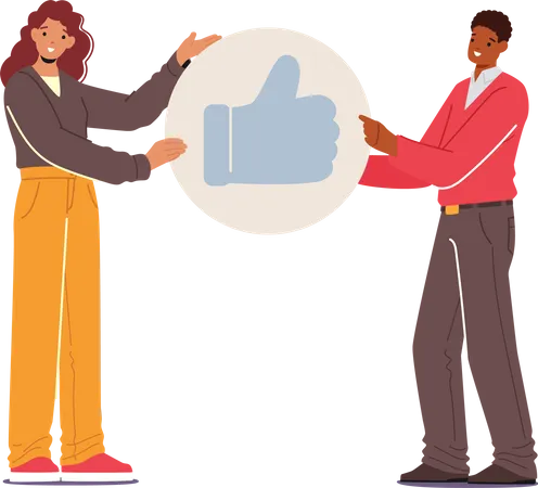 Social Media Interaction Social Network Communication On Mobile App Concept Male And Female Characters Holding Big Thumb Up Icon Follower Gives Like In Networks Cartoon People Vector Illustration Illustration