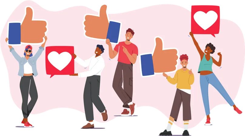 Characters Holding Like Notifications Male And Female Followers Gives Like In Networks People With Hearts And Big Thumbs Up Social Media Community Communication Cartoon People Vector Illustration Illustration