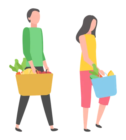 People On Shopping Buying Products Isolated Cartoon Characters Vector Male And Female With Baskets Full Of Grocery Food Vegetables And Greens Flat Style Illustration
