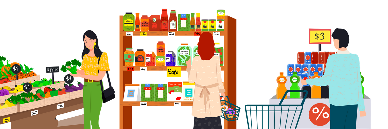 People shopping at grocery market Illustration
