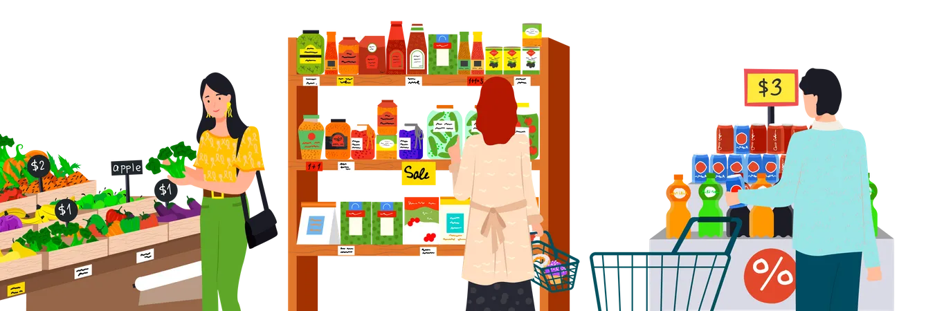 People shopping at grocery market Illustration