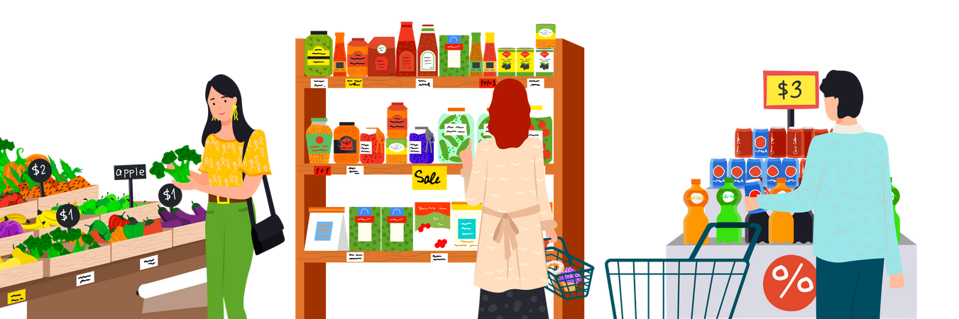 People shopping at grocery market  Illustration