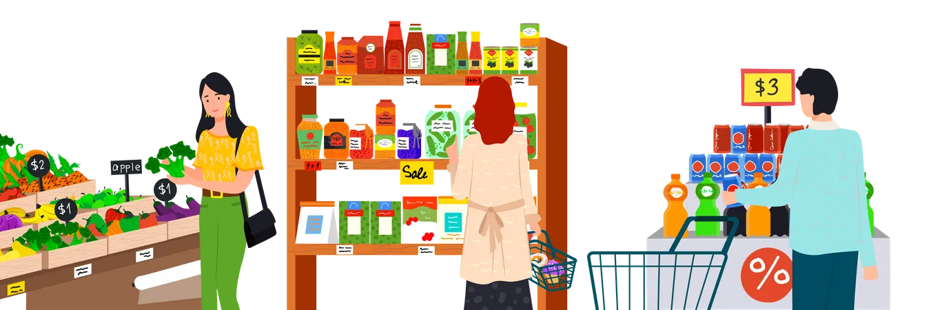 People shopping at grocery market  Illustration