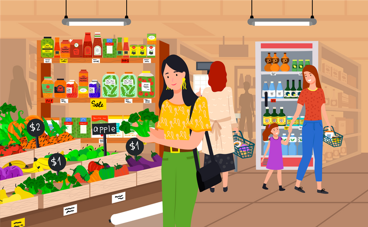 People shopping at grocery store Illustration