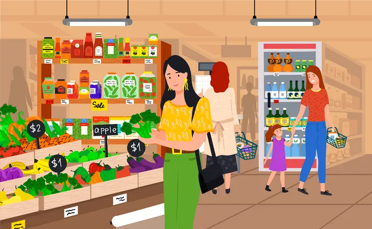 People shopping at grocery store  Illustration