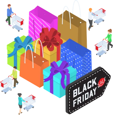 Flat 3 D Isometric People Shopping In Black Friday Sale Black Friday Sale Concept Illustration