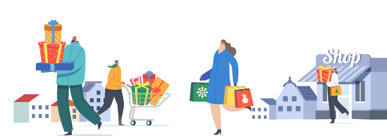 People Shopping For Christmas Illustration