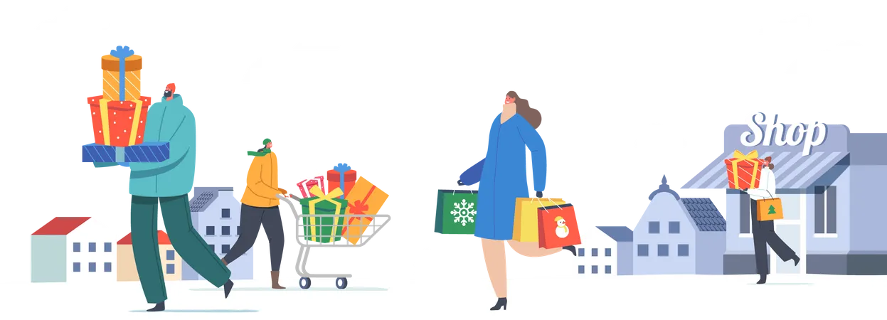 People Shopping For Christmas  Illustration