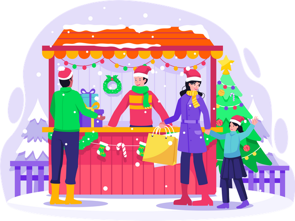 People shopping for gifts in Christmas street market shop  イラスト