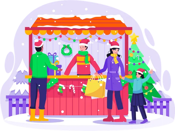 People shopping for gifts in Christmas street market shop  일러스트레이션