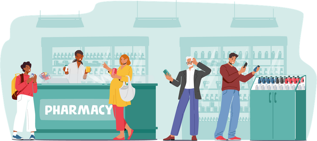 People shopping for medicines at the pharmacy store Illustration