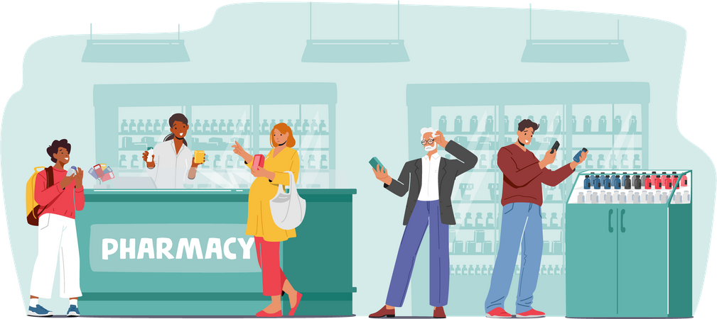 People shopping for medicines at the pharmacy store  Illustration