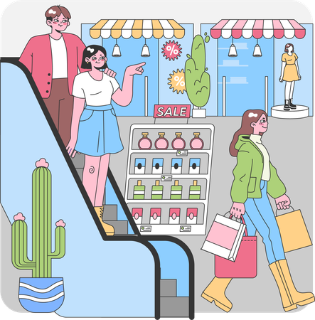 People shopping in mall  Illustration
