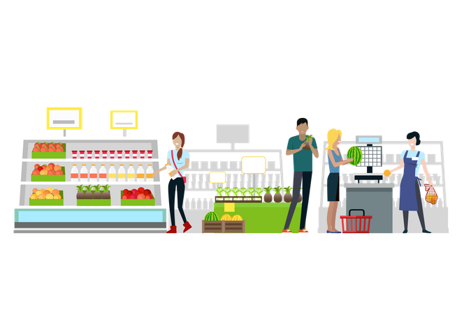 People shopping in supermarket  Illustration