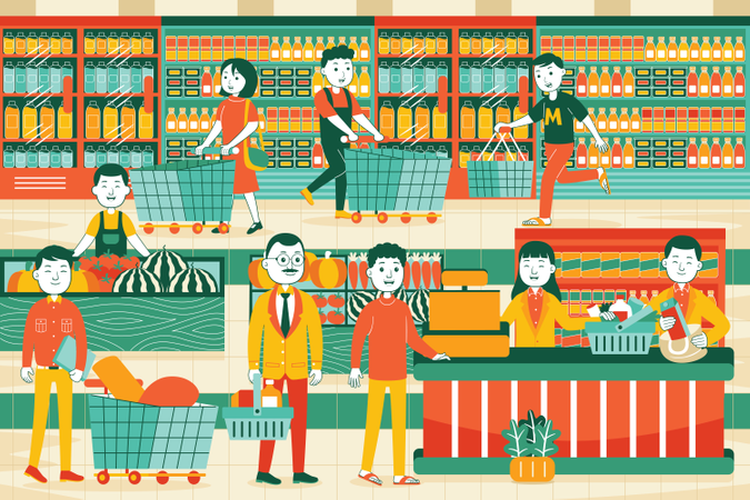 People shopping in supermarket Illustration
