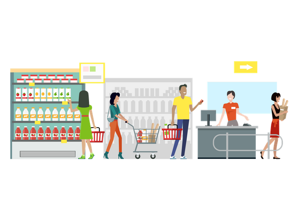 People shopping in supermarket  Illustration