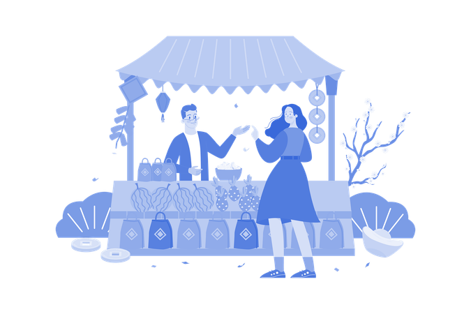 People shopping on Chinese stall  Illustration